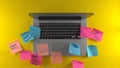 Post it papers on workspace, using laptop, glues post stickers on desk