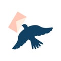 Concepts of development of communications. A blue carrier pigeon with a letter flying isolated