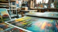 Post press finishing. Postcard offset printing process Royalty Free Stock Photo