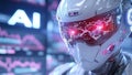 Post-processing error: Artificial intelligence embodied in futuristic form. The robot's visor displays complex data streams Royalty Free Stock Photo