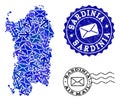 Post Routes Composition of Mosaic Map of Sardinia Region and Grunge Stamps Royalty Free Stock Photo