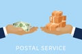 Post service and parcels delivery concept for money with postman hands and paying with cash dollars cartoon vector Royalty Free Stock Photo