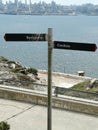 Post sign on the Alcatraz Island with cityscape of San Francisco, Alcatraz Island, San Francisco, California, USA