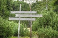 Post sign with alpine green trees in background