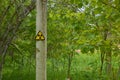 Post with the sign of radiation at an abandoned military base in the woods Royalty Free Stock Photo