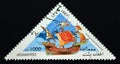 Triangle postage stamp Afghanistan 1997. North European Merchant Ship