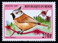 Postage stamp Benin, 1997. Crested Tit Parus cristatus bird animal Royalty Free Stock Photo