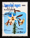 Postage stamp Cambodia, 1985. Black dragon Lilium flower