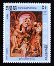 Postage stamp Cambodia 1984. Madonna and Child with Saint George, painting by Antonio Allegri Correggio