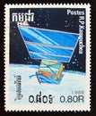 Postage stamp Cambodia, 1988. Satellite space orbit Royalty Free Stock Photo