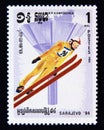 Postage stamp Cambodia 1984. Ski Jumping athlete in action