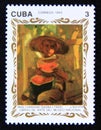 Postage stamp Cuba 1993. Child eating watermelon painting