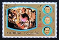 Post stamp Fujeira with control centre and astronauts apollo 14 mission Royalty Free Stock Photo