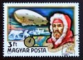 Postage stamp Hungary, 1977. Roald Amundsen and airship N.1 Norge over North Pole.