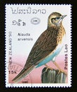 Postage stamp Laos, 1990. Eurasian Skylark Alauda arvensis bird Royalty Free Stock Photo