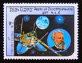 Postage stamp Laos, 1984. Jules Verne and Luna 13