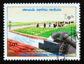 Postage stamp Laos, 1988. Rice field agriculture Royalty Free Stock Photo