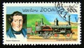 Postage stamp Laos, 1997. Robert Stephenson, Long Boiler Express steam locomotive