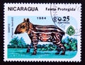 Postage stamp Nicaragua, 1984, juvenile baird`s Tapir, Tapirus bairdii