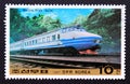 Postage stamp North Korea 1987. Electric train Juche