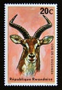 Postage stamp Rwanda, 1975. Ugandan Kob Kobus kob thomasi animal