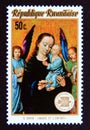 Postage stamp Rwanda, 1974. Virgin with Child between Angel Musicians by Gerard David Painting