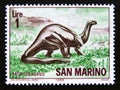 Postage stamp San Marino, 1965. Brontosaurus prehistoric dinosaur