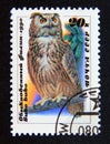 Postage stamp Soviet Union, CCCP, 1990. Eurasian Eagle owl Bubo bubo bird of prey