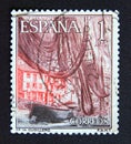 Postage stamp Spain 1965. Fishing nets and boat in the fishing port of Cudillero Asturias