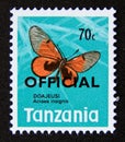 Postage stamp Tanzania, 1973. Black blotched Acraea Acraea insignis butterfly