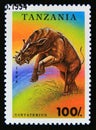 Postage stamp Tanzania, 1994. Uintatherium prehistoric dinosaur