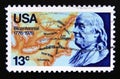 Postage stamp United States of America, USA 1976. Franklin and Map of North America, 1776