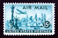 Postage stamp United States of America, USA 1947. Statue Of Liberty, New York Skyline and Lockheed Constellation Royalty Free Stock Photo