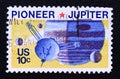 Post stamp printed in USA, 1975, Pioneer 10 Jupiter mission space