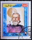 Post stamp printed in Yemen with Galileo Galilei