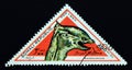 Triangle postage stamp 1997. Saurolophus dinosaur