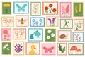 Post stamps with natural plants, mushroom, duckling, butterfly, fish and bee vector illustration