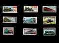 Post stamps printed in USSR and Republique Centrafricaine of steam locomotives