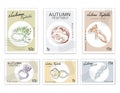 Post Stamps Set of Autumn Vegetables with Paper Cut Art Royalty Free Stock Photo