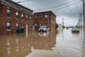 Post-Storm Scene - Street Submerged in Floodwaters Reflecting the Gray Overcast Sky, Remnants of a Brooding Storm