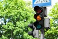 Post with traffic lights and Pedestrian Crossing road sign outdoors Royalty Free Stock Photo