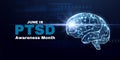 Post-Traumatic Stress Disorder Awareness Month concept. PTSD banner template with glowing low poly. Futuristic modern Royalty Free Stock Photo
