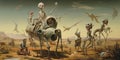 an post-war art of skeleton people riding in the desert with a truck generative ai Royalty Free Stock Photo