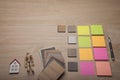 Post it with Wood matrials for interior design. Wooden samples for floor laminate or furniture in home or commercial building