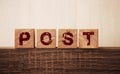 Post word on wooden block. Contact in internet community concept. Post in blog