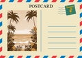 Postacrd summer vintage beach palms ocean. Vacation travel design card with postage stamp. Vector illustration isolated