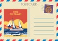 Postacrd summer vintage Sailboat ocean. Vacation travel design card with postage stamp. Vector illustration isolated