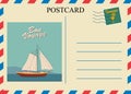 Postacrd summer vintage Sailboat ocean. Vacation travel design card with postage stamp. Vector illustration isolated Royalty Free Stock Photo