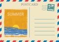 Postacrd summer vintage sunset ocean. Vacation travel design card with postage stamp. Vector illustration isolated