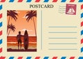 Postacrd summer vintage surfer beach ocean. Vacation travel design card with postage stamp. Vector illustration isolated